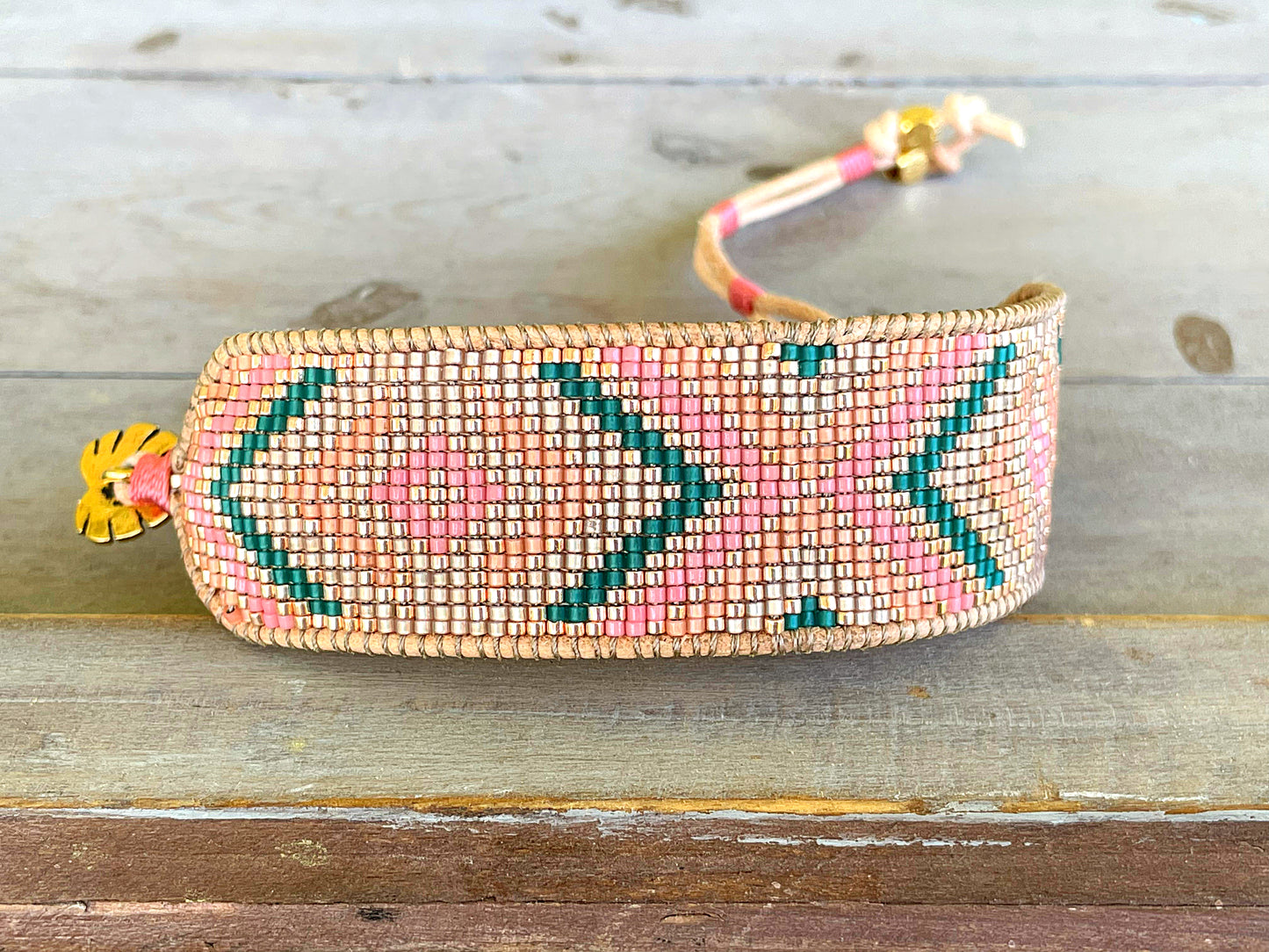 Gold, Tan, Teal, Peach, and Pink Geometric Bead Loom Woven Bracelet