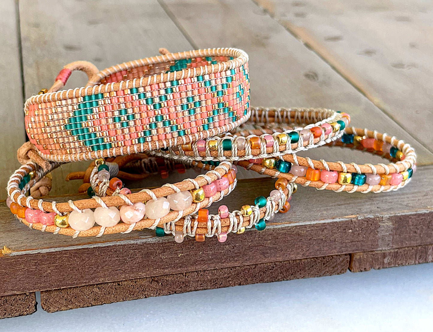 Pink Peach and Teal geometric Diamond ChevronBeaded Macrame Bracelet and Diamond Loom Set