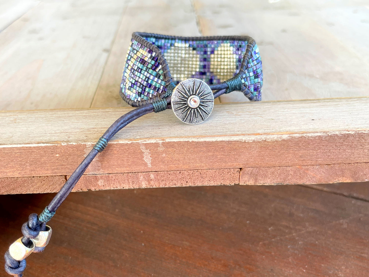 Midnight Silver Moon Phases Beaded Loom Bracelet