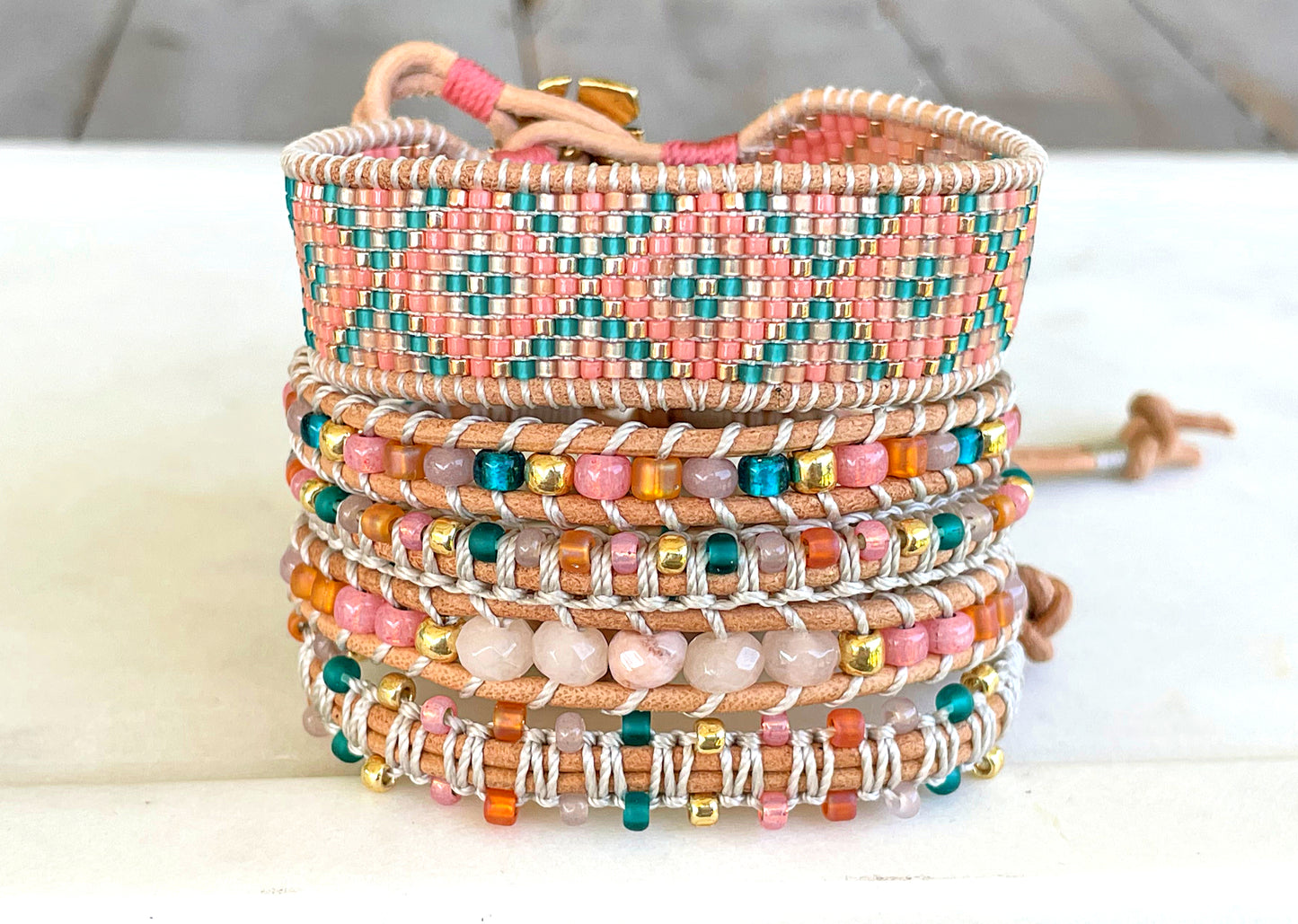 Pink Peach and Teal Loom woven geometric Diamond Chevron beaded friendship bracelet