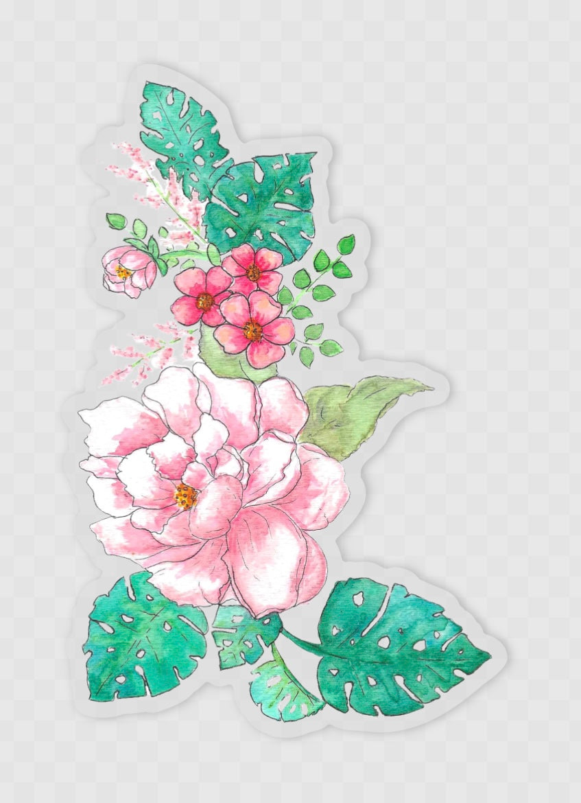 Pink Peony and Monstera Leaf Vinyl waterproof sticker