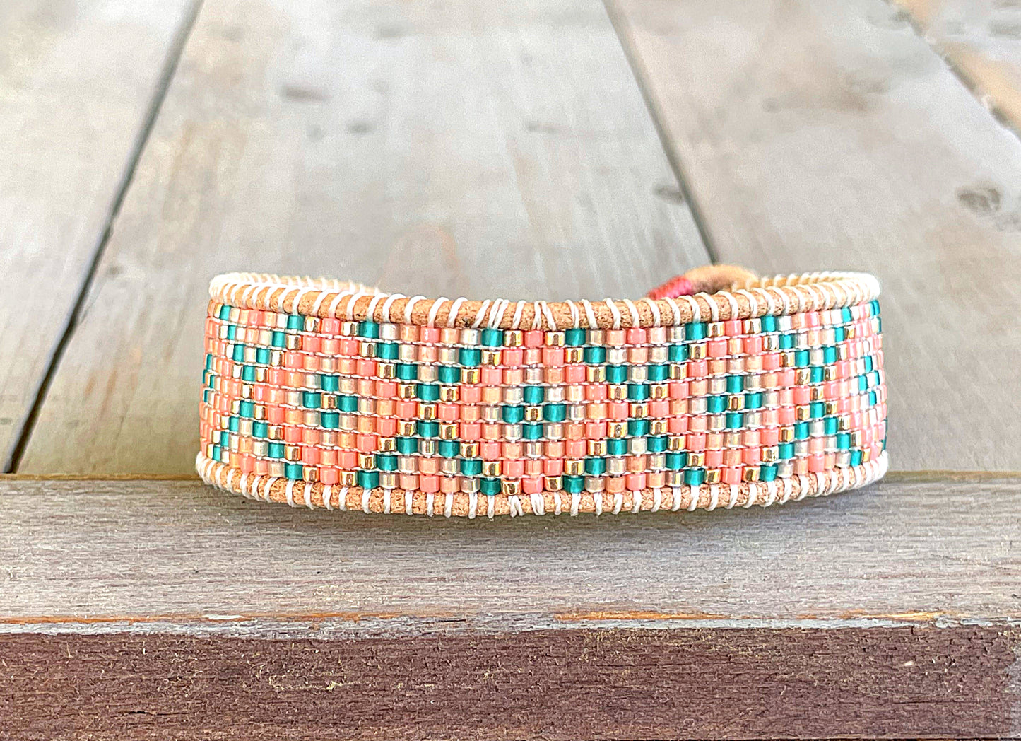 Pink Peach and Teal Loom woven geometric Diamond Chevron beaded friendship bracelet