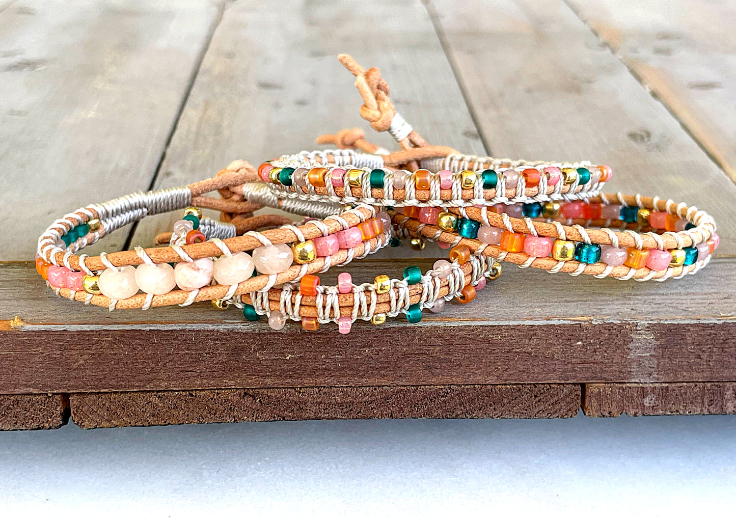 Pink Peach and Teal geometric Diamond ChevronBeaded Macrame Bracelet and Diamond Loom Set