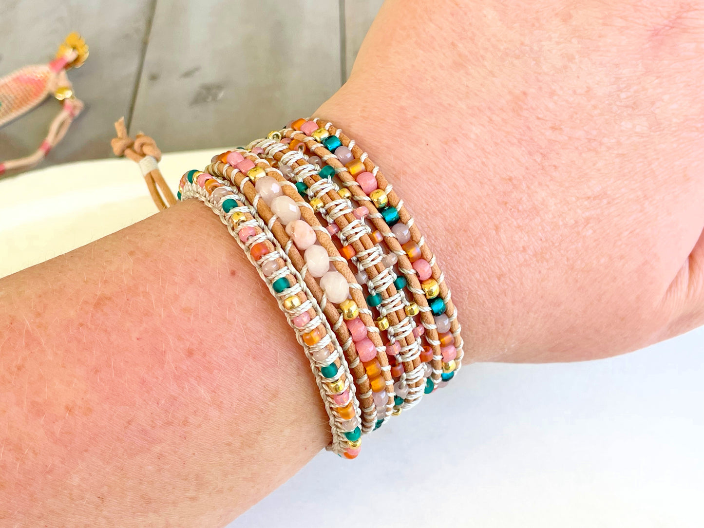 Pink Peach and Teal geometric Diamond ChevronBeaded Macrame Bracelet and Diamond Loom Set