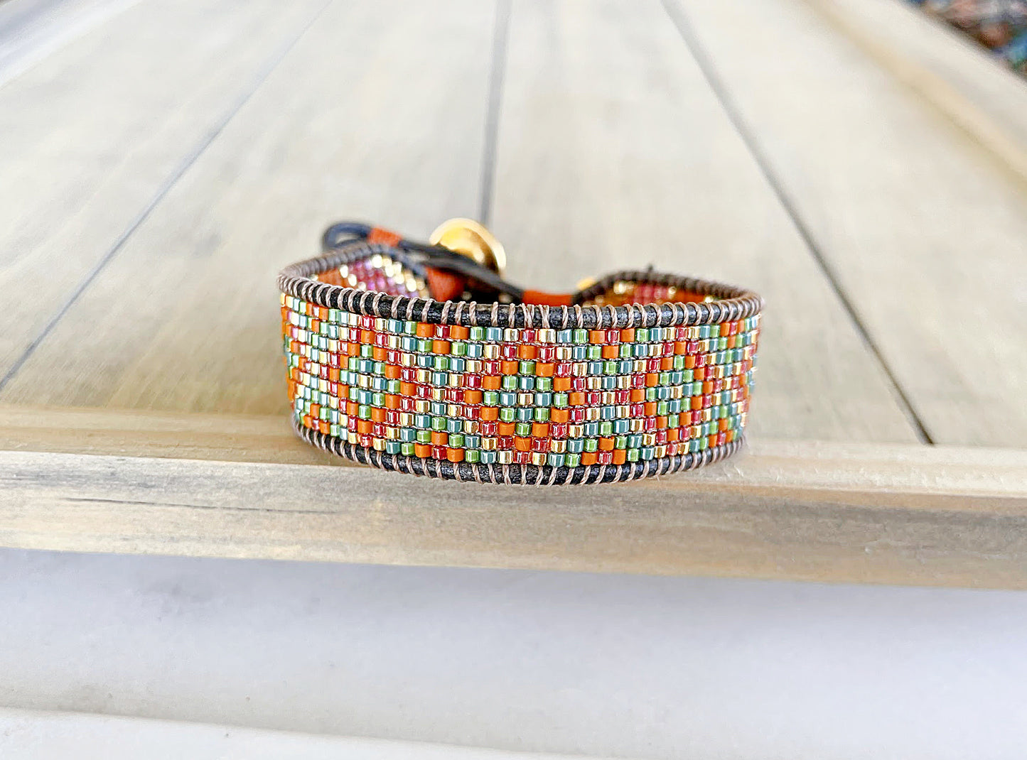 Dark Teal Rainbow Diamond Bead Loom Woven Bracelet