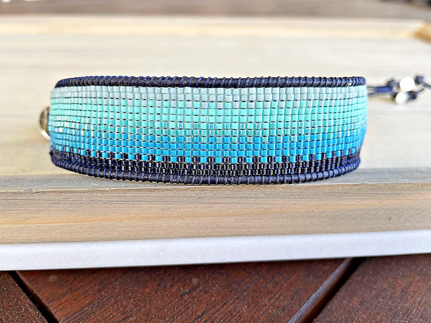 Ocean Navy to Seafoam Ombre Bead Loom Woven Bracelet