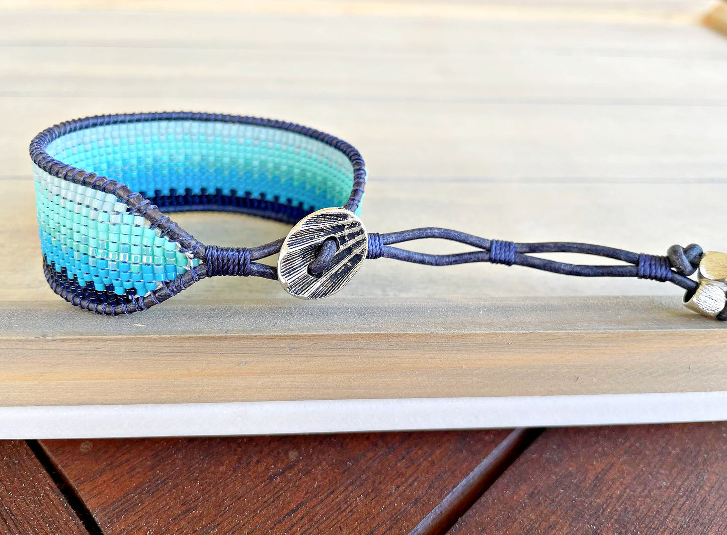 Ocean Navy to Seafoam Ombre Bead Loom Woven Bracelet