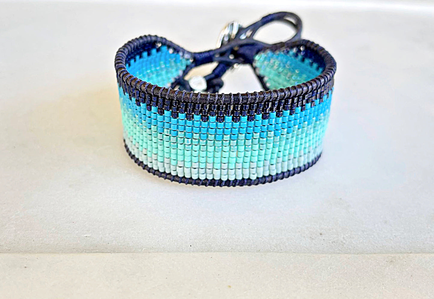 Ocean Navy to Seafoam Ombre Bead Loom Woven Bracelet