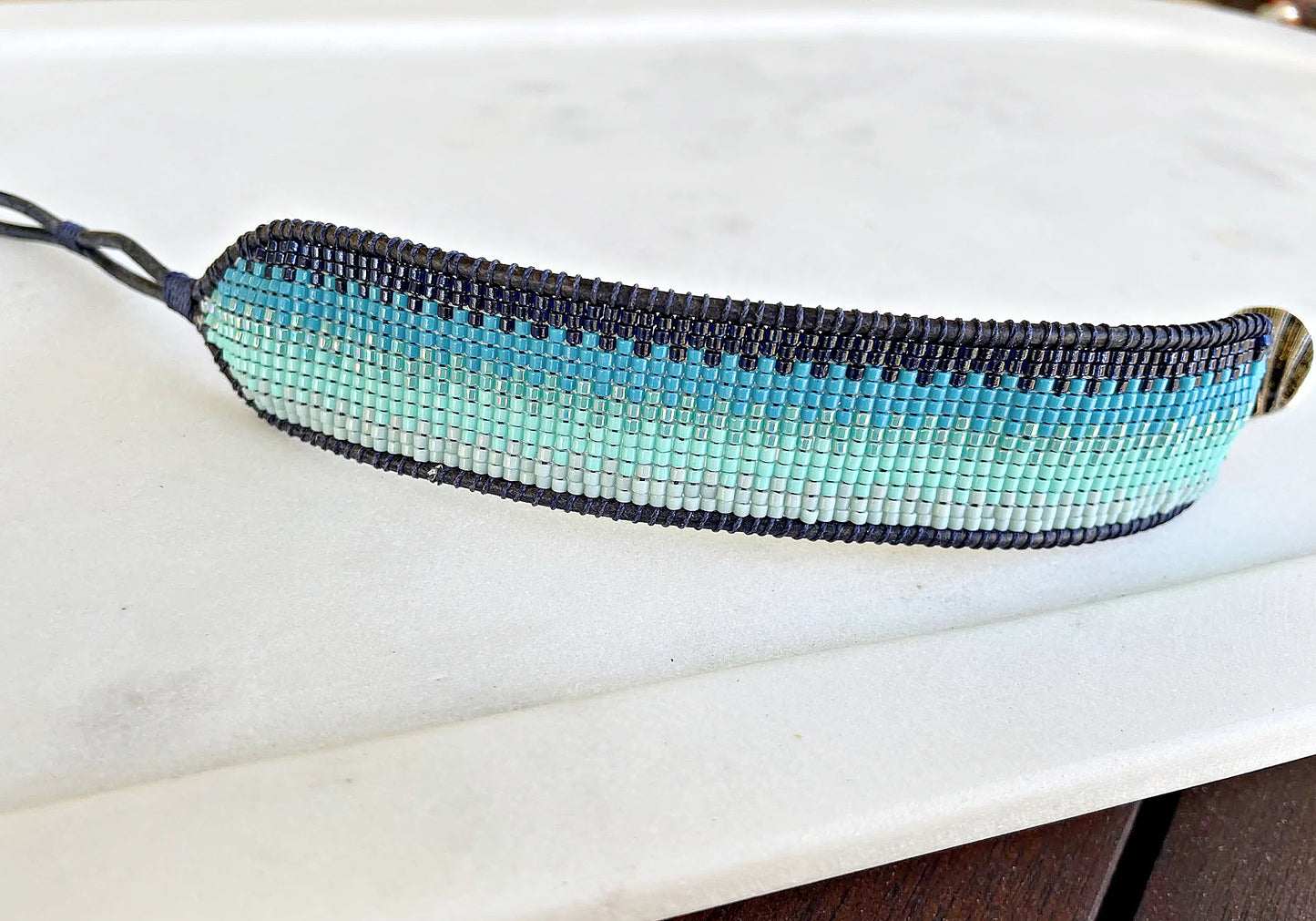 Ocean Navy to Seafoam Ombre Bead Loom Woven Bracelet