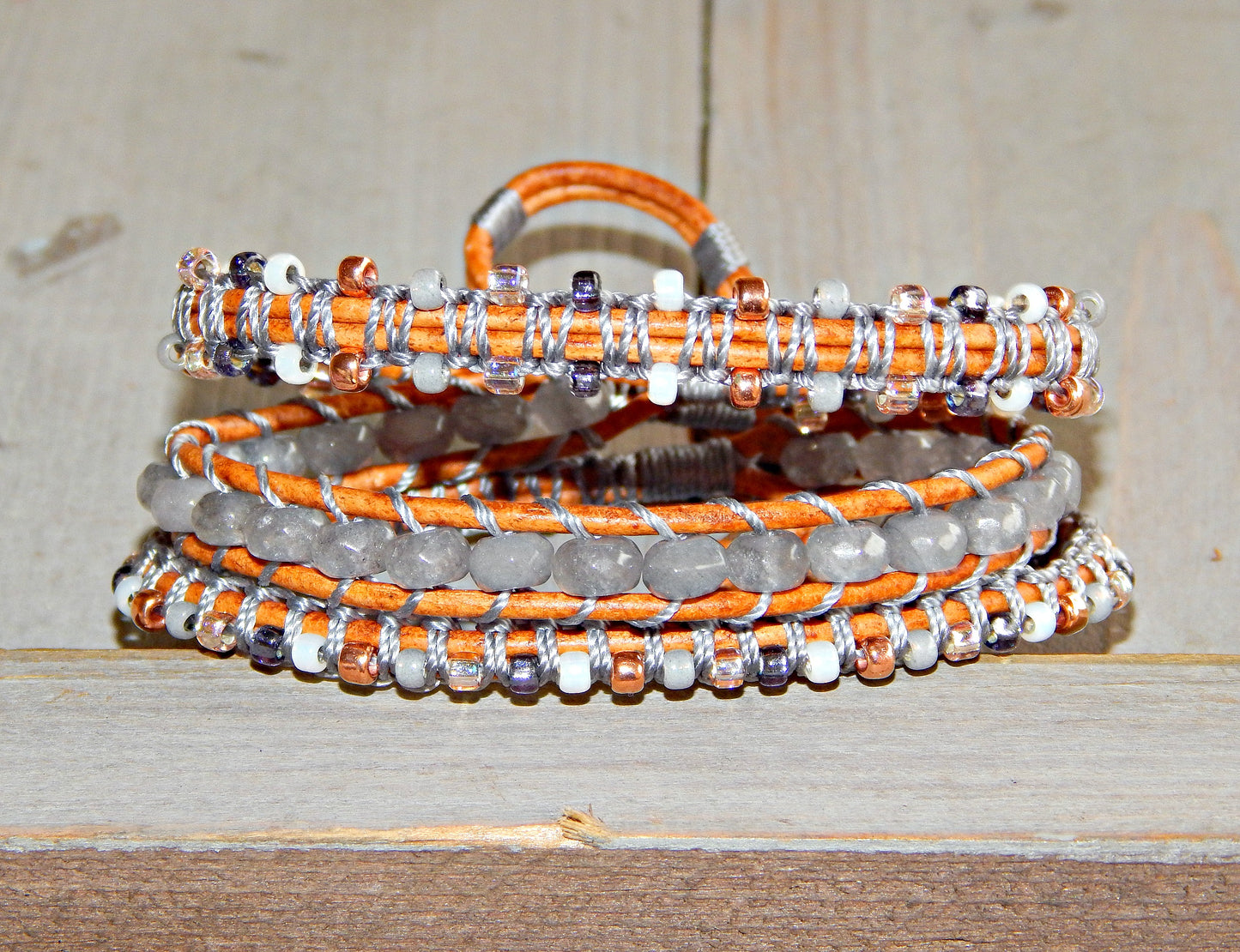 Copper Navy Blush Gray Agate and Beaded Macrame 3x wrap bracelet