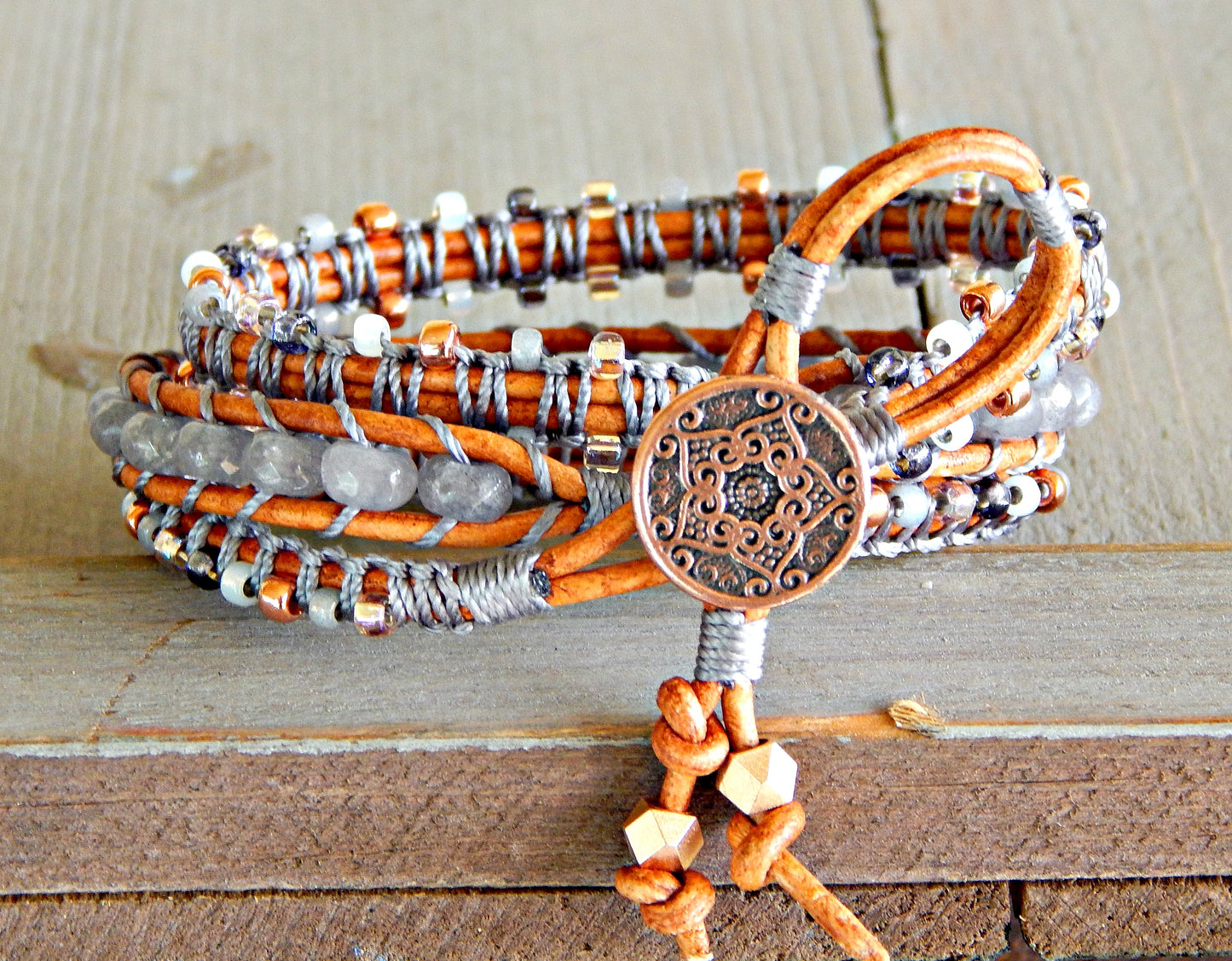 Copper Navy Blush Gray Agate and Beaded Macrame 3x wrap bracelet