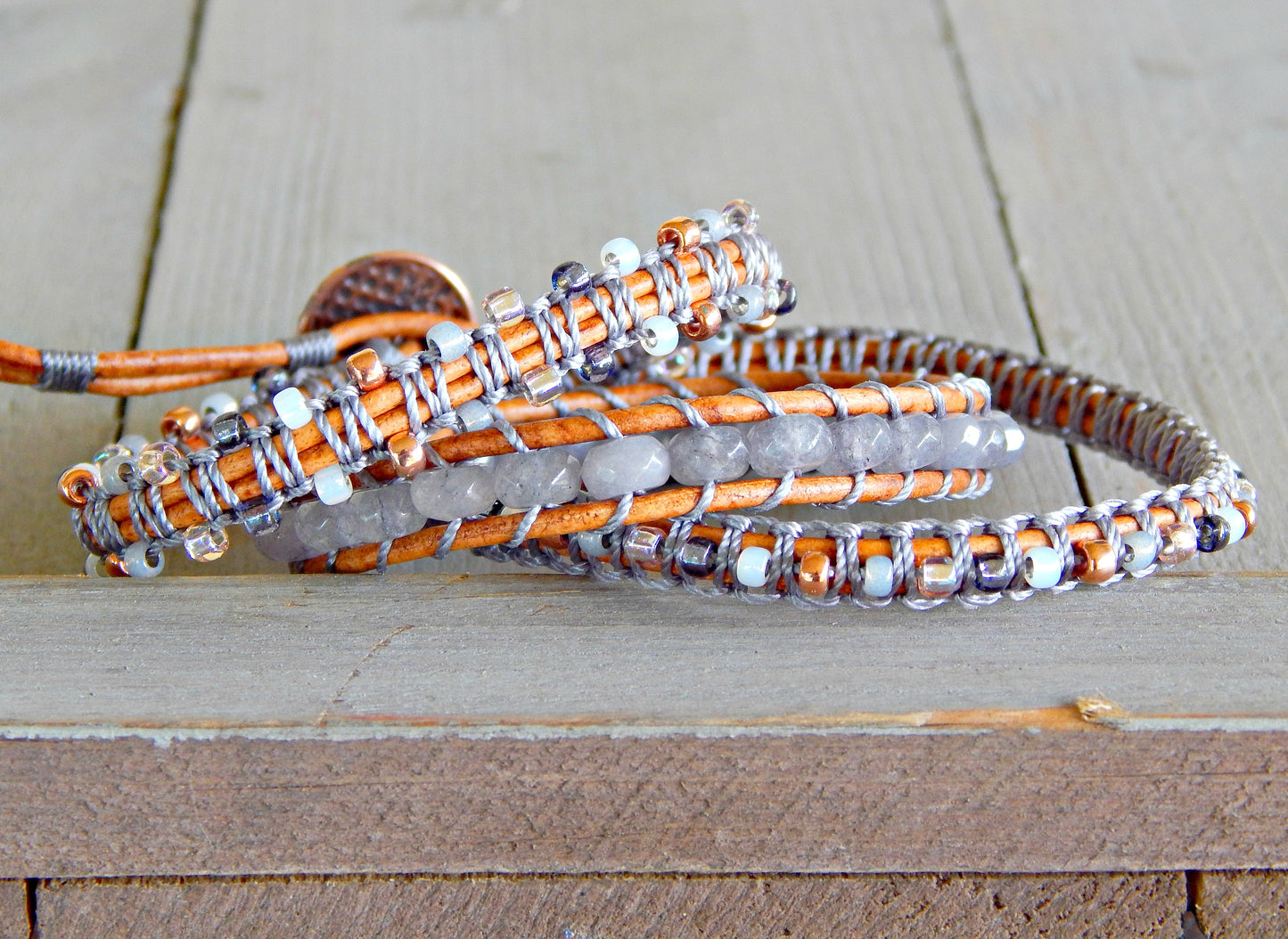 Copper Navy Blush Gray Agate and Beaded Macrame 3x wrap bracelet