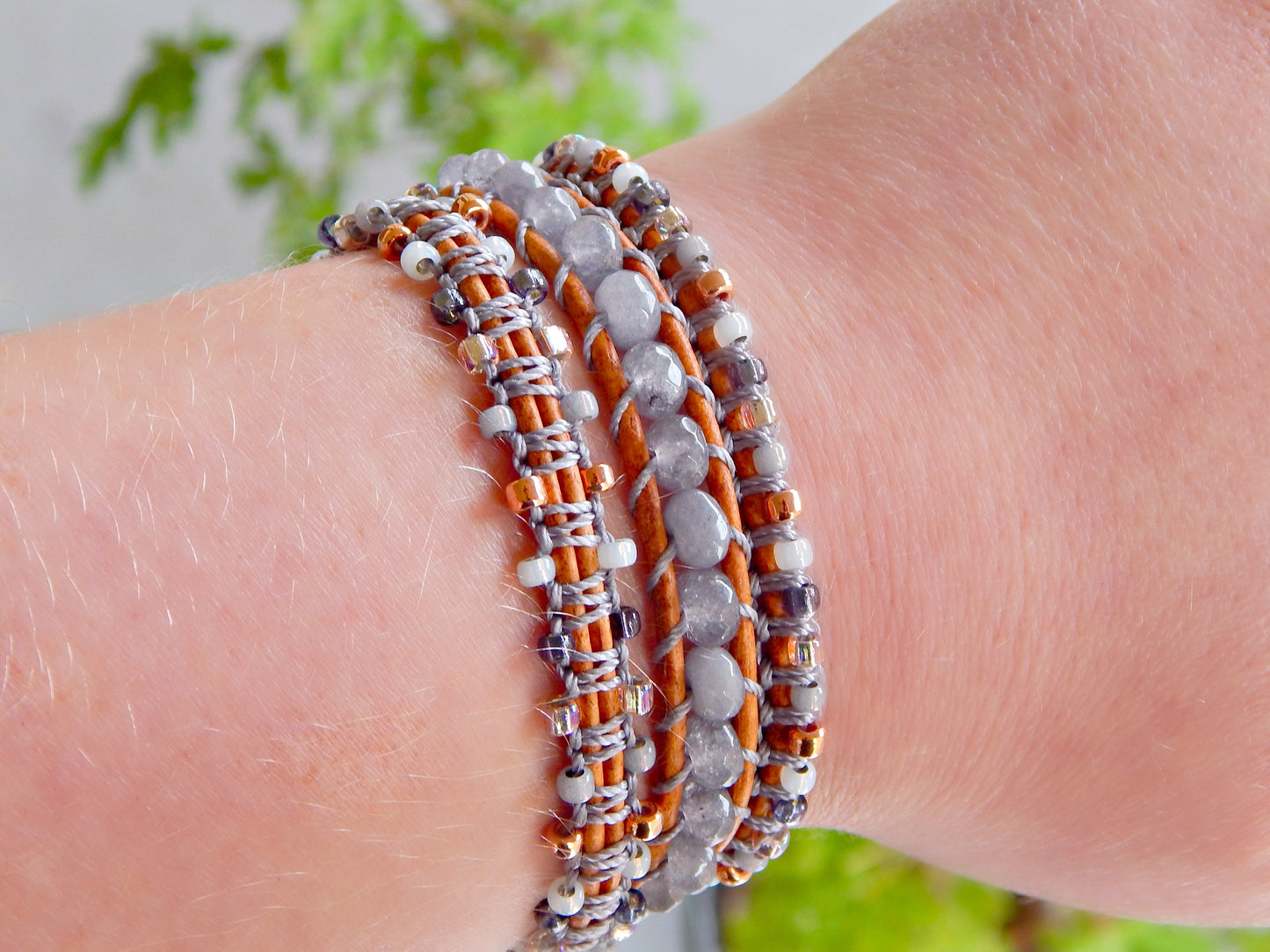 Copper Navy Blush Gray Agate and Beaded Macrame 3x wrap bracelet