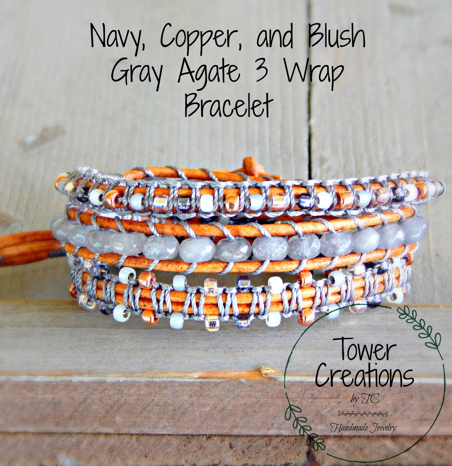 Copper Navy Blush Gray Agate and Beaded Macrame 3x wrap bracelet