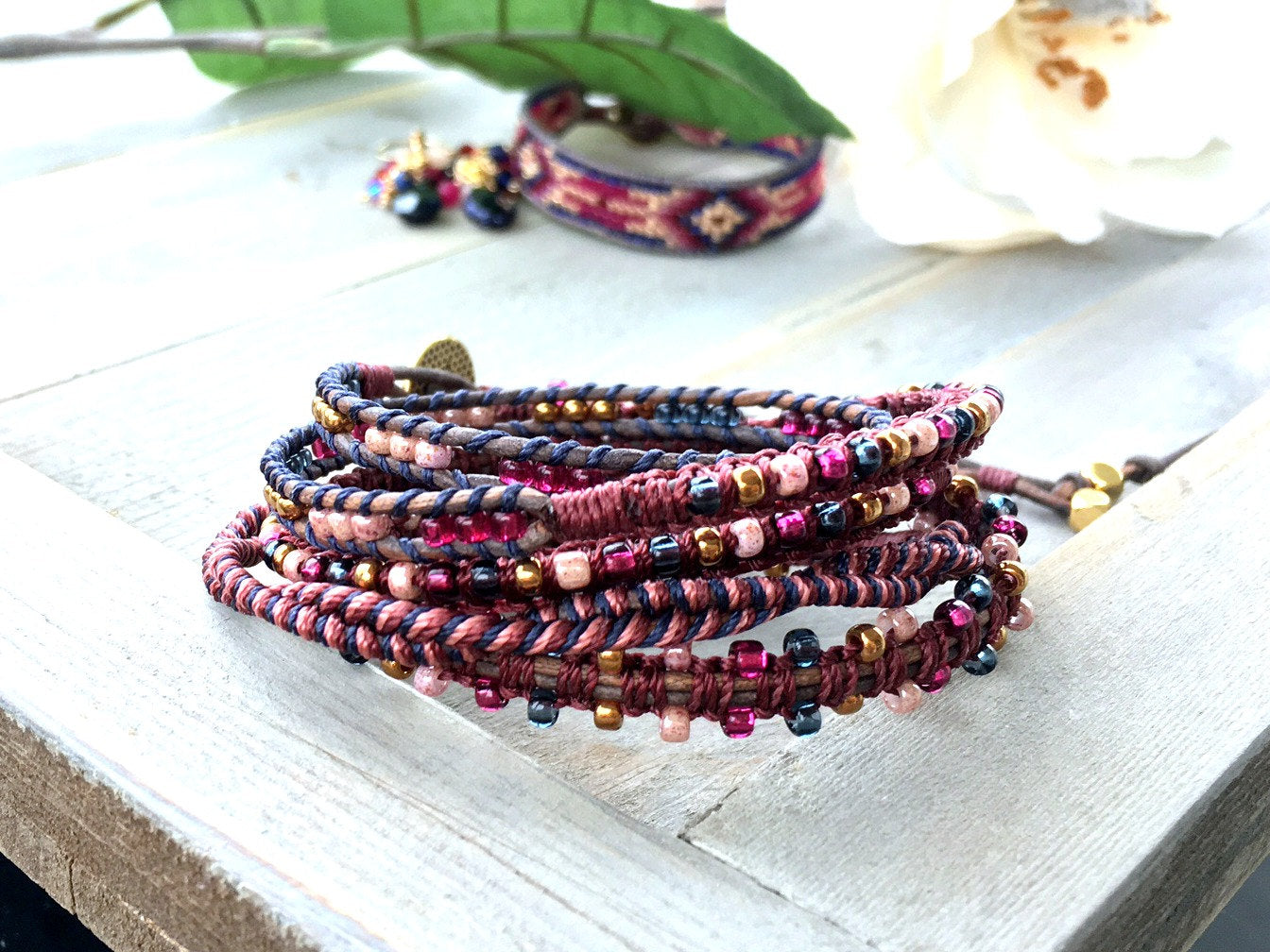 Navy Pink and Gold Macrame 5x Wrap Boho Leather Bracelet