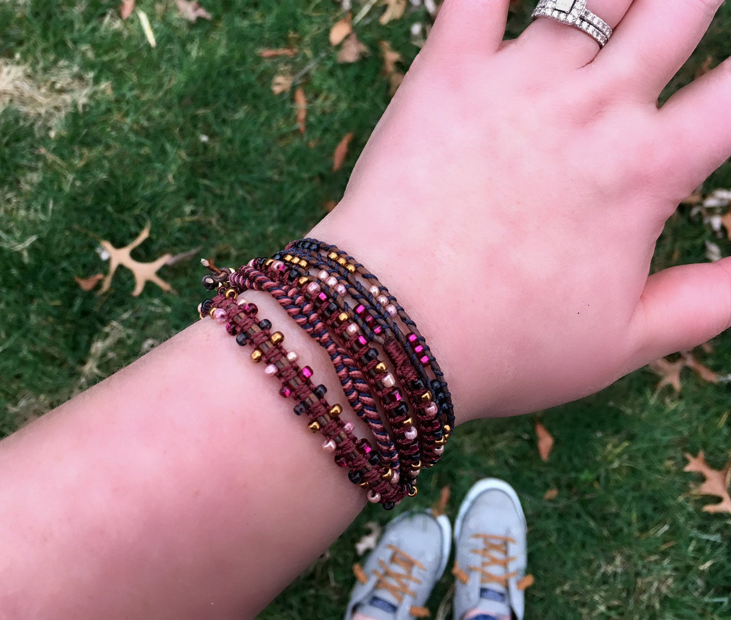 Navy Pink and Gold Macrame 5x Wrap Boho Leather Bracelet