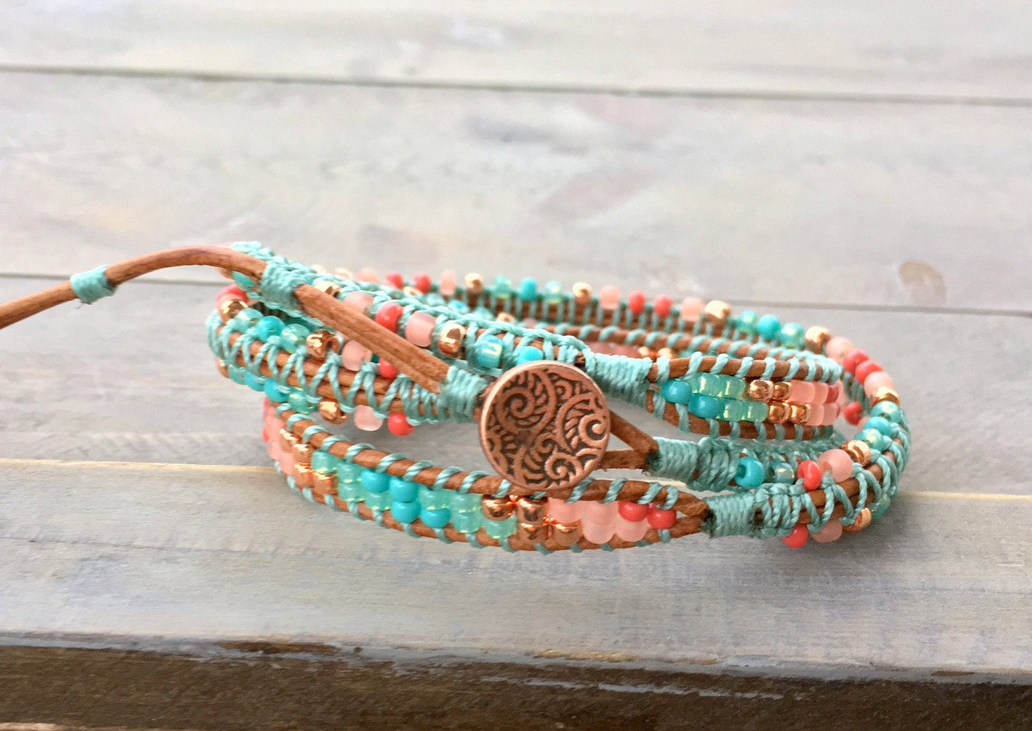 Coral Turquoise and Copper 3x macrame Leather Wrap Bracelet