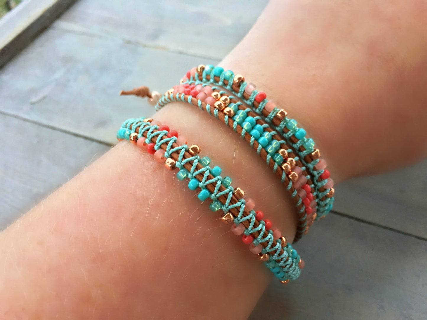 Coral Turquoise and Copper 3x macrame Leather Wrap Bracelet