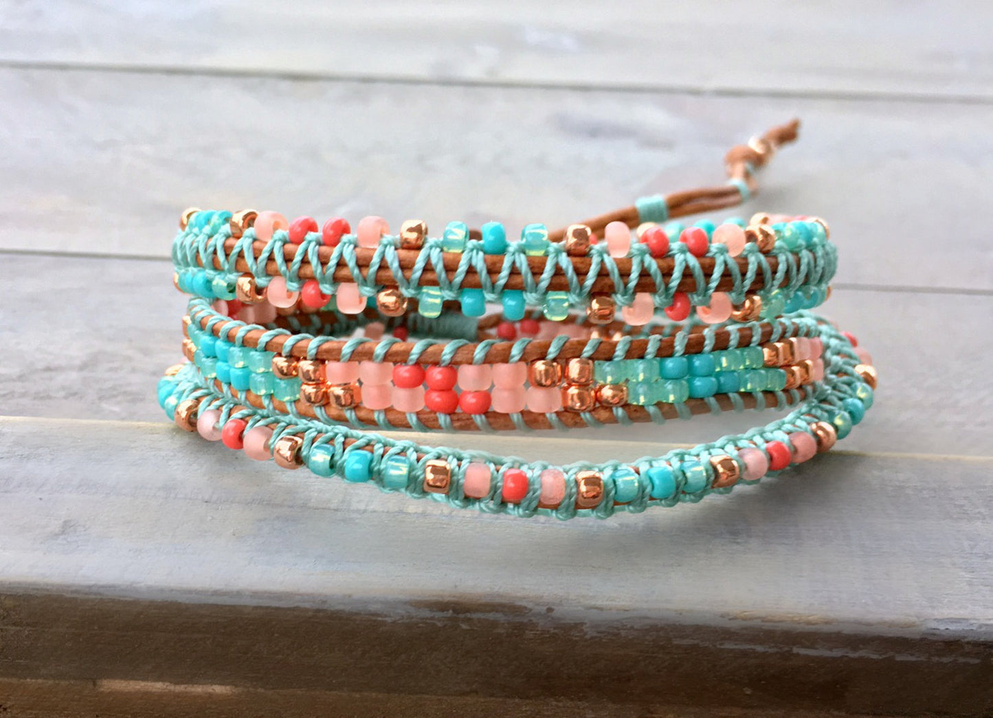 Coral Turquoise and Copper 3x macrame Leather Wrap Bracelet