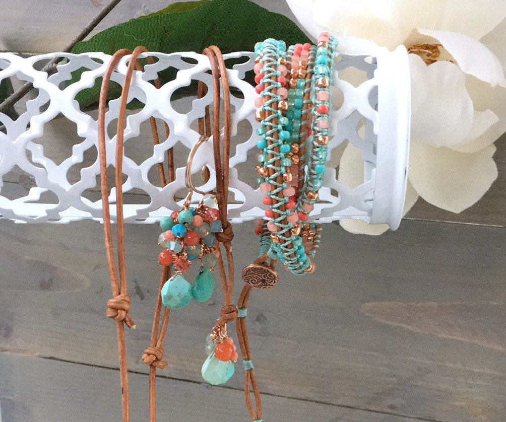 Coral Turquoise and Copper 3x macrame Leather Wrap Bracelet