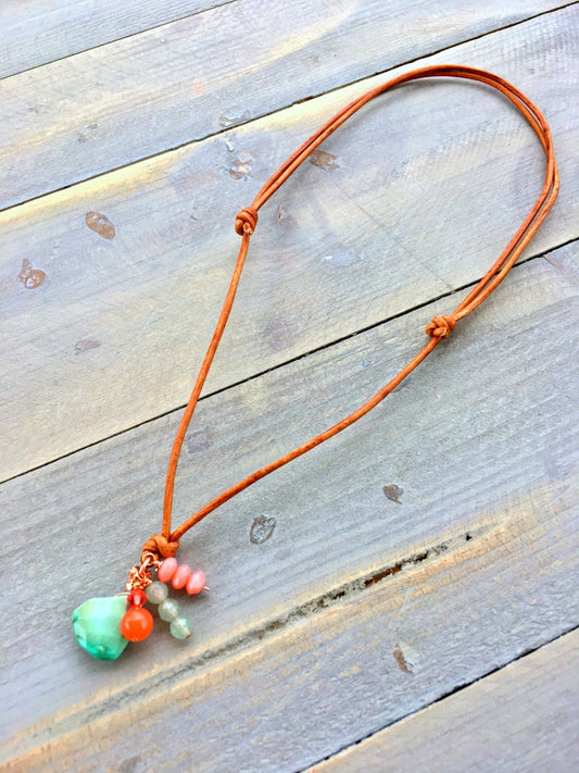 Turquoise and Coral Teardrop Necklace, Leather Adjustable Boho Charm necklace