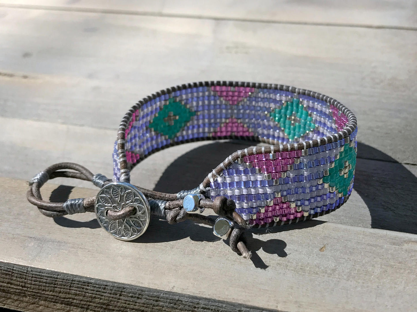 Fancy Tribal Bead Loom Woven Leather Wrap Bracelet in Purple, Aqua, Pink and Silver