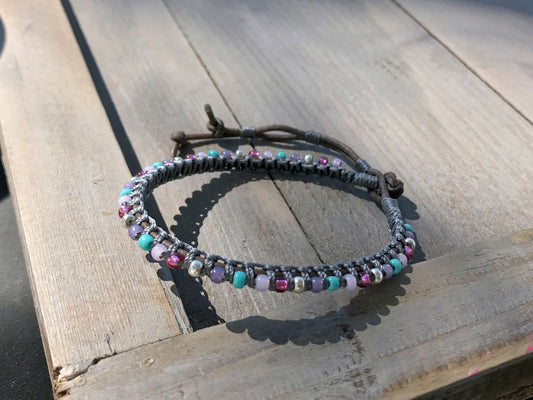 Purple Aqua and Pink Top Beaded Macrame Woven Leather Stack bracelet