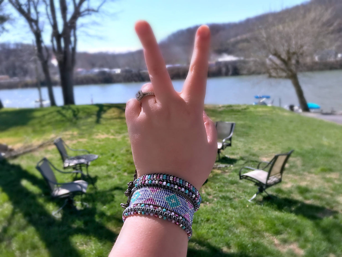 Purple Aqua and Pink Side beaded Macrame Woven Leather Stack bracelet