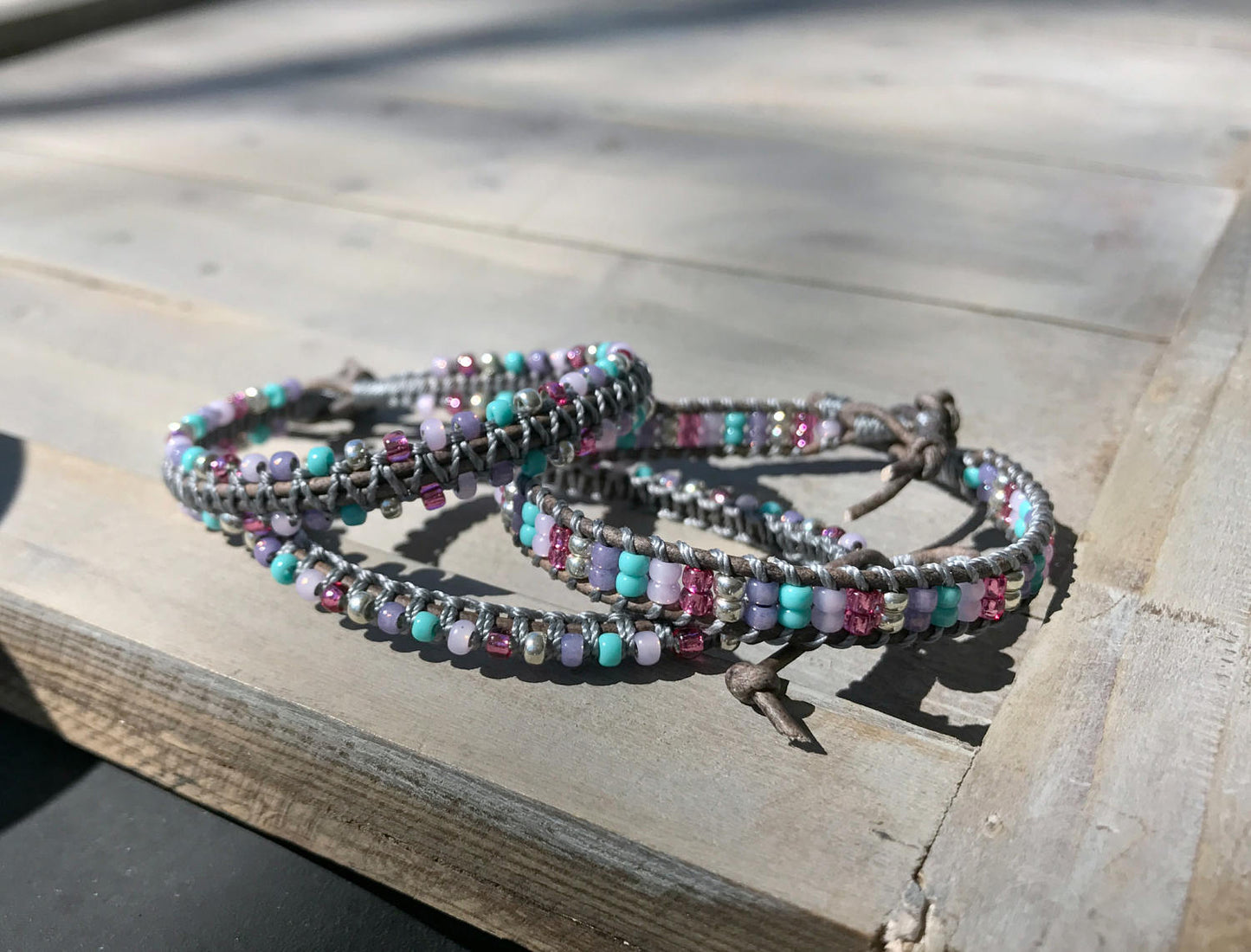 Purple Aqua and Pink Side beaded Macrame Woven Leather Stack bracelet