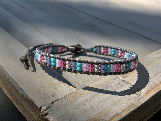 Purple Turquoise and Pink Ladder Woven Leather Stack bracelet