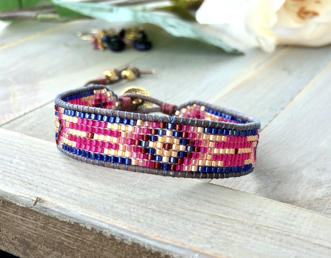 Loom Beaded Bracelet, Navy Gold Pink Southwestern Bracelet