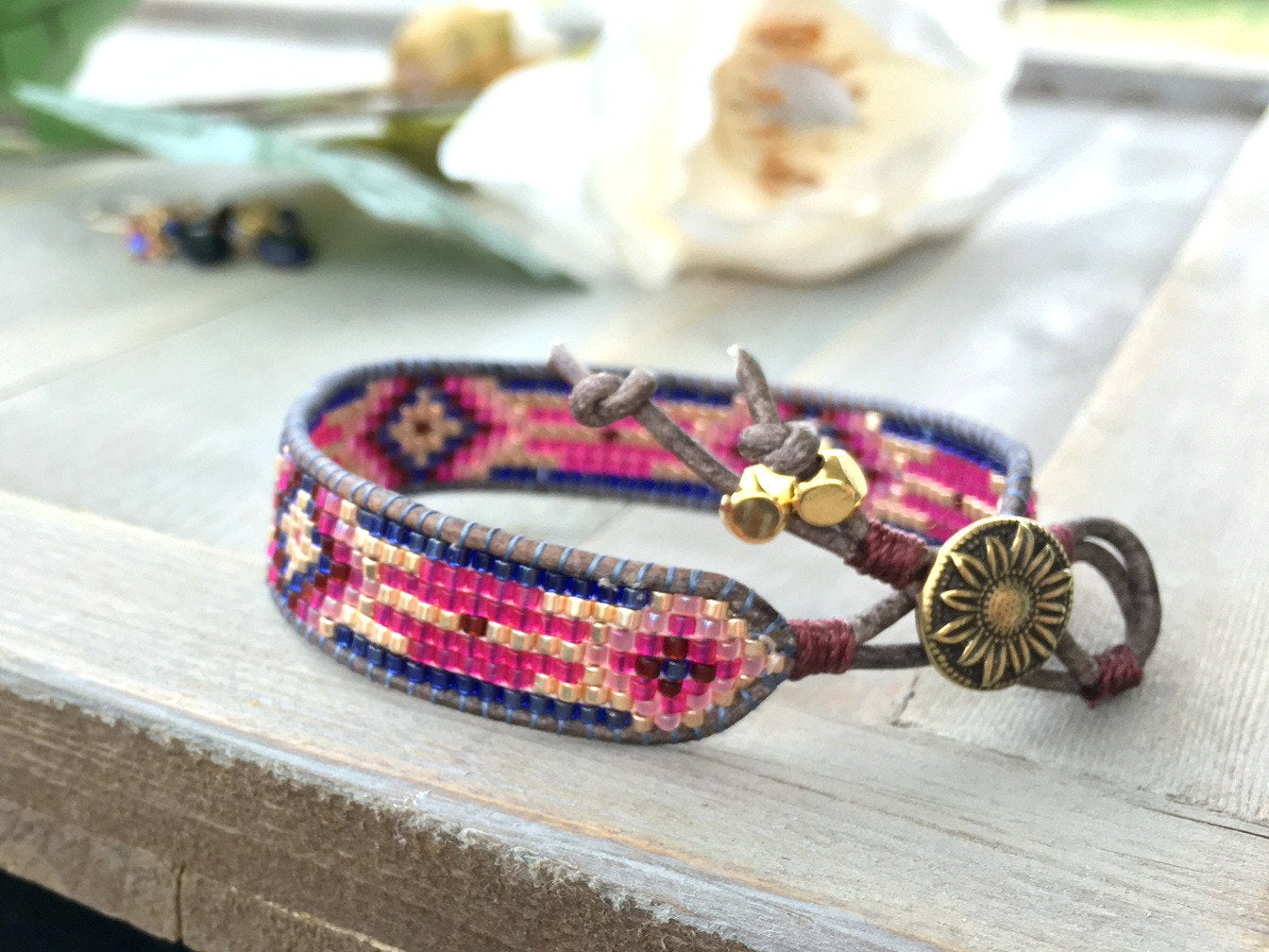 Loom Beaded Bracelet, Navy Gold Pink Southwestern Bracelet