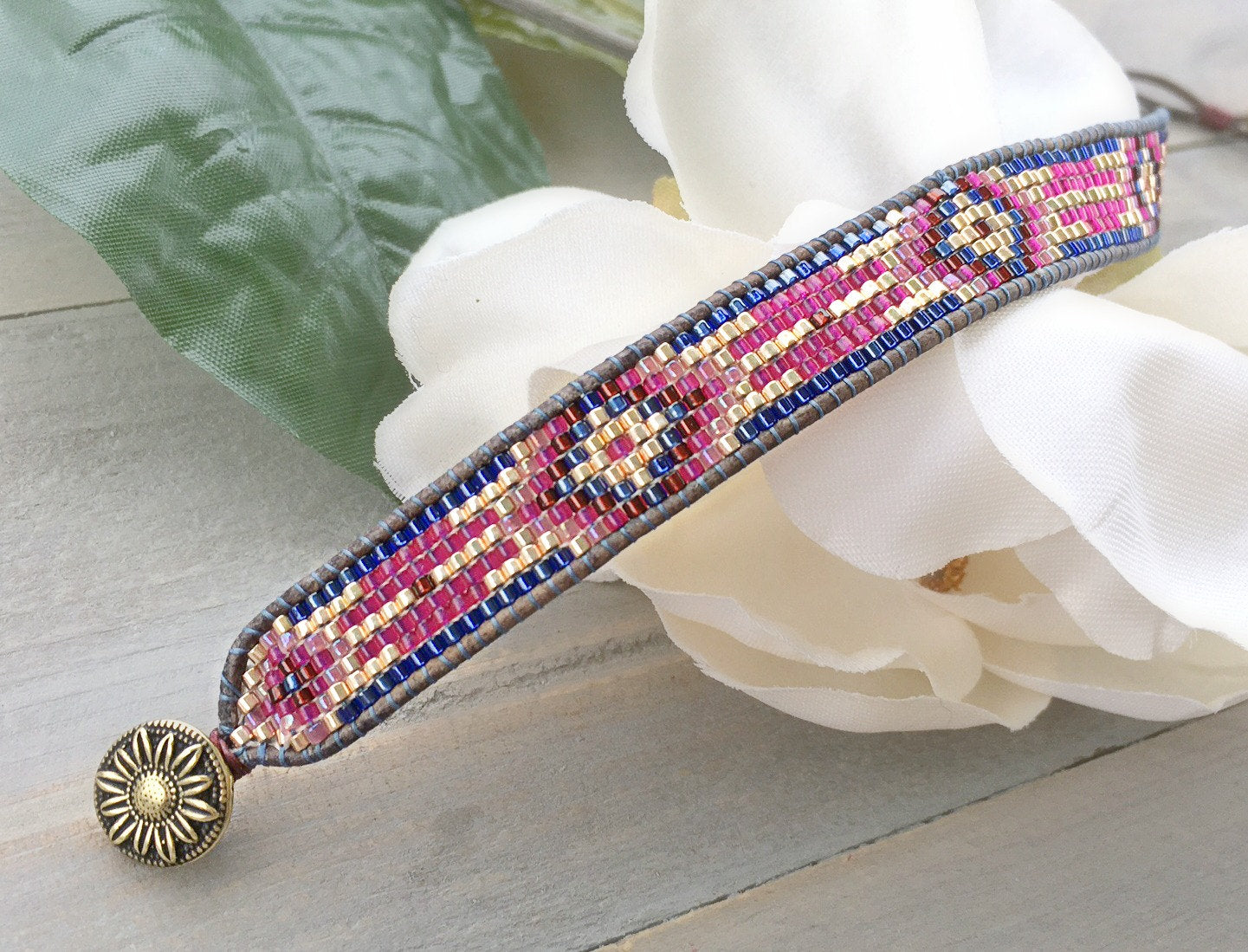 Loom Beaded Bracelet, Navy Gold Pink Southwestern Bracelet