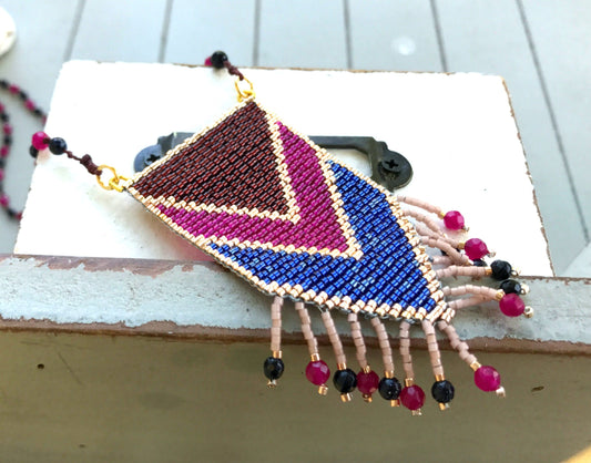 Navy, Maroon, Pink, Gold Loom Woven Art Deco inspired Tassel Long Mala Necklace