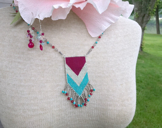 Pink, Aqua, Seafoam  Loom Woven Tassel Mala Necklace with Pink Jade and Turquoise
