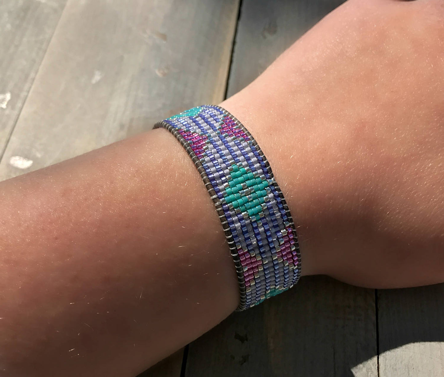 Fancy Tribal Bead Loom Woven Leather Wrap Bracelet in Purple, Aqua, Pink and Silver