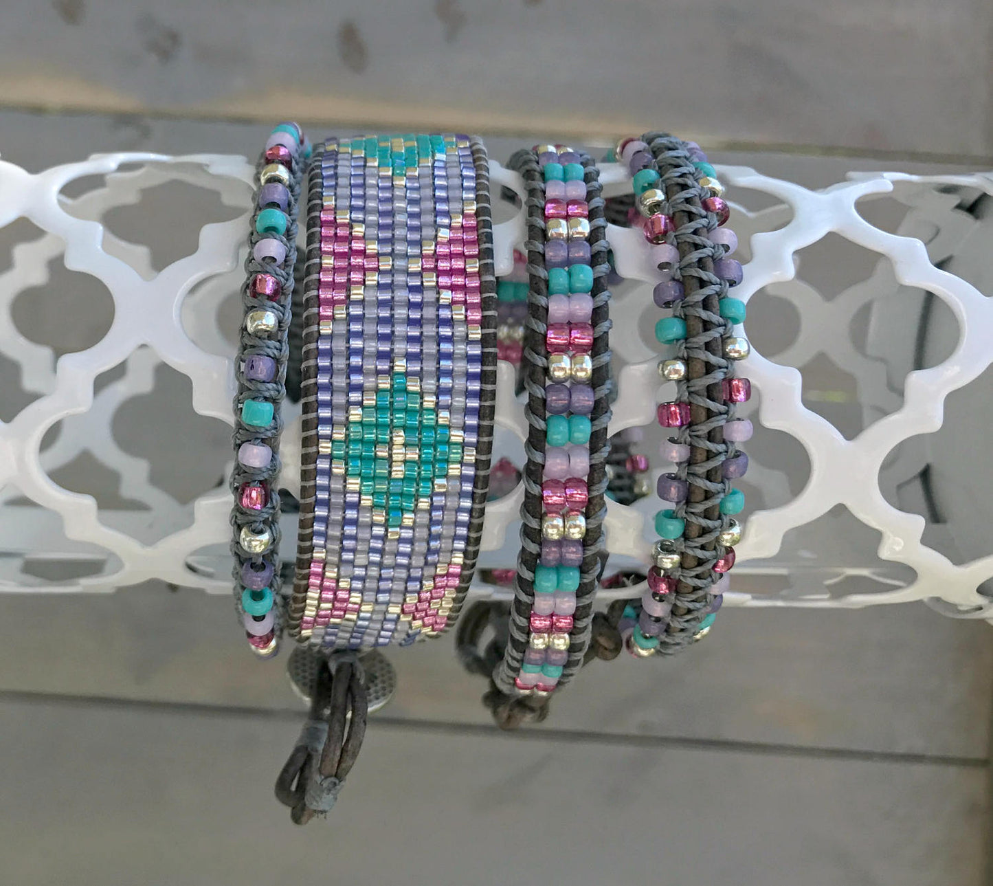 Fancy Tribal Bead Loom Woven Leather Wrap Bracelet in Purple, Aqua, Pink and Silver