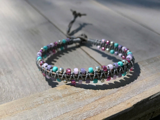 Purple Aqua and Pink Side beaded Macrame Woven Leather Stack bracelet