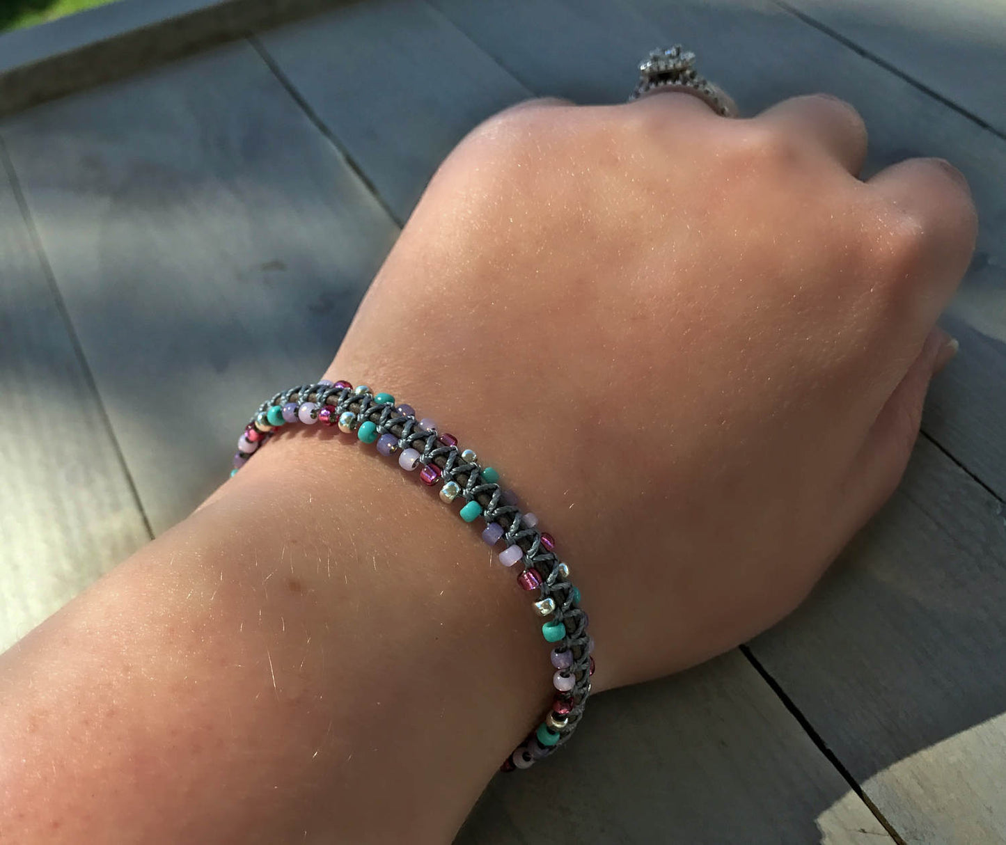 Purple Aqua and Pink Side beaded Macrame Woven Leather Stack bracelet