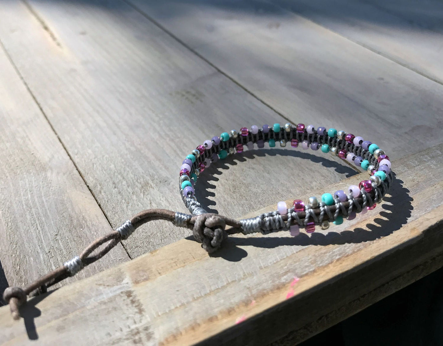 Purple Aqua and Pink Side beaded Macrame Woven Leather Stack bracelet