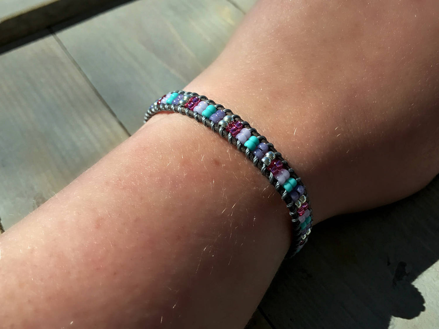 Purple Brown and Pink Ladder Woven Leather Stack bracelet