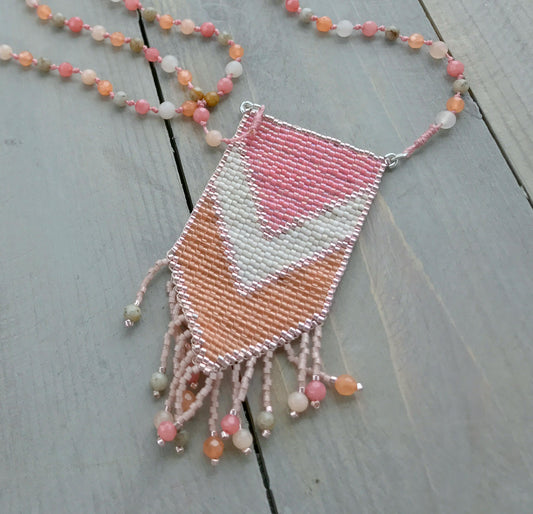 Coral and Peach Jade Loom Woven Tassel Long Mala Necklace