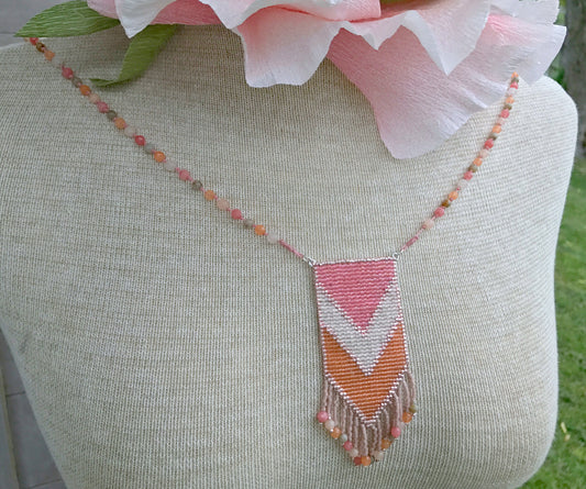 Coral and Peach Jade Loom Woven Tassel Long Mala Necklace