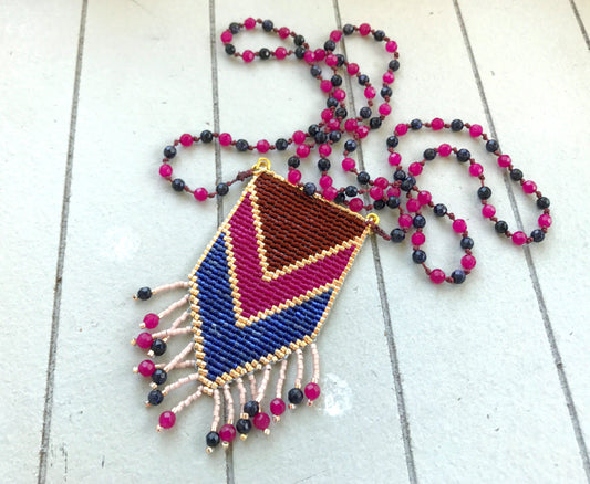 Navy, Maroon, Pink, Gold Loom Woven Art Deco inspired Tassel Long Mala Necklace