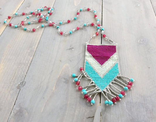 Pink, Aqua, Seafoam  Loom Woven Tassel Mala Necklace with Pink Jade and Turquoise