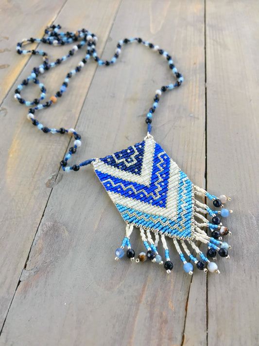 Navy Goldstone and Blue Tribal Loom Woven Tassel Long Mala Necklace