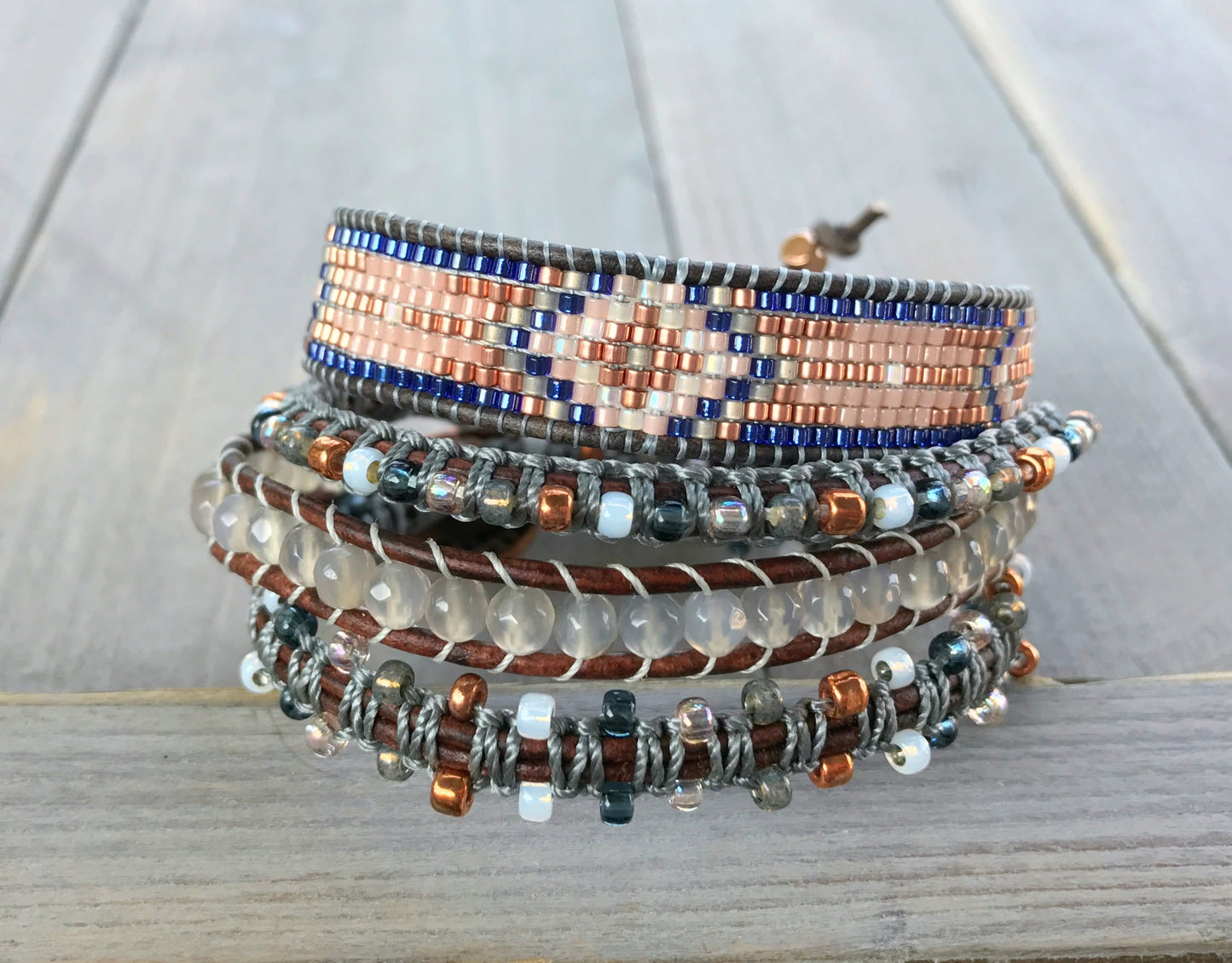 Copper Navy Blush Loom Woven Ikat Diamond Beaded Bracelet