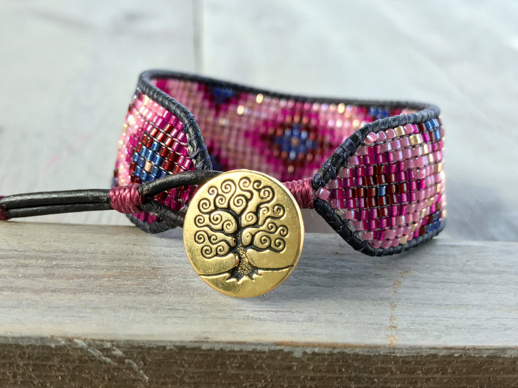 Gold and Pink Starburst Southwester Bead Loom Leather Bracelet