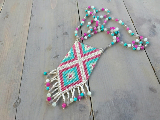 Pink Turquoise and Seafoam Loom Woven Tassel Long Mala Necklace