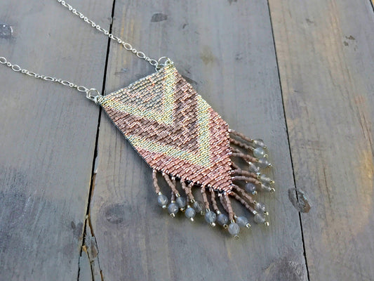 Neutral Silver and Pink Gold Fade Loom Woven Tassel Long Silver Necklace